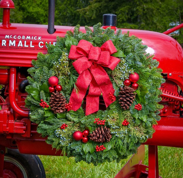 Image of Christmas Wreath with pinecones, a big red bow, and red holly berries.